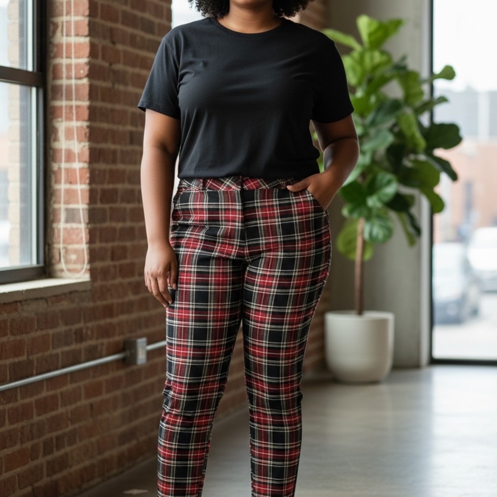 NWT JONES NEW YORK Pants Women Plus‎ Size 2X Black Tartan Plaid Pull On Slim Leg